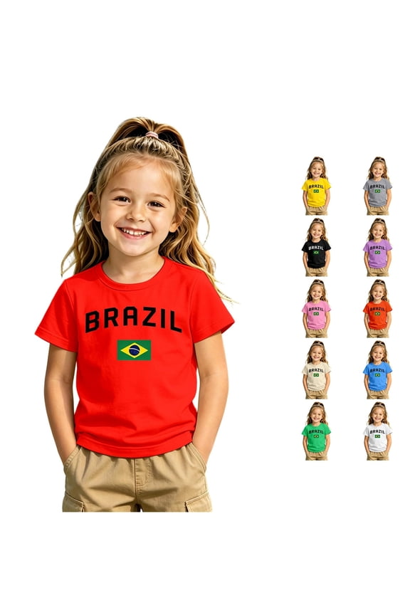Girls Brazil Soccer Letter Graphic Printed T Shirt Crew Neck Short Sleeve Football Jersey Kids Athletic Training Soccer Match Workout Gym Sports Shirt