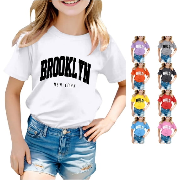 Trendfront Girls Brooklyn T Shirt New York Text Print Short Sleeve Crew Neck Travel Casual School Kids Graphic Tees