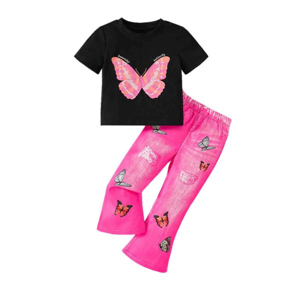 Trendfront Girls Butterfly Graphic Print Outfit Set Crew Neck Short Sleeve Top Summer 2 Piece Everyday Fashion Casual Kids Wear 2T-7T Clothes Set
