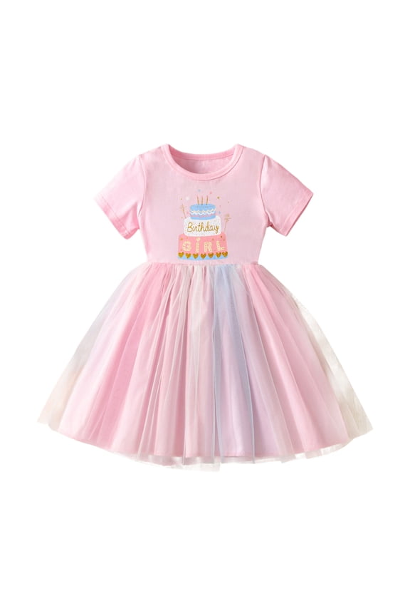 Girls Cake Dress Crew Neck Short Sleeve Letter Print Tiered Mesh Tulle Tutu Princess Gown Birthday Party Wear