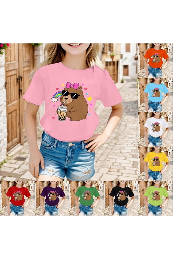 Girls Capybara Animal Graphic Tee Crewneck Short Sleeve Fun Character Shirt Summer Casual Everyday T-Shirt Playwear Fashion Tops