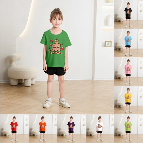 Trendfront Girls Capybara Graphic Tee Crewneck Short Sleeve Cute Animal Print Shirt Summer Casual Playwear T-Shirt Everyday Fashion Tops