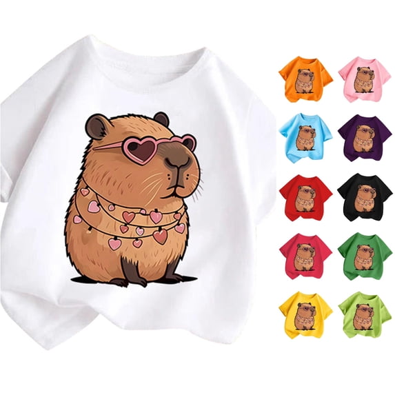 Trendfront Girls Capybara T Shirt Heart Sunglasses Graphic Crewneck Short Sleeves Casual Animal Lover Tee Top