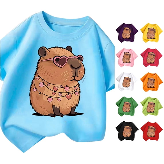Trendfront Girls Capybara T Shirt Heart Sunglasses Graphic Crewneck Short Sleeves Casual Animal Lover Tee Top