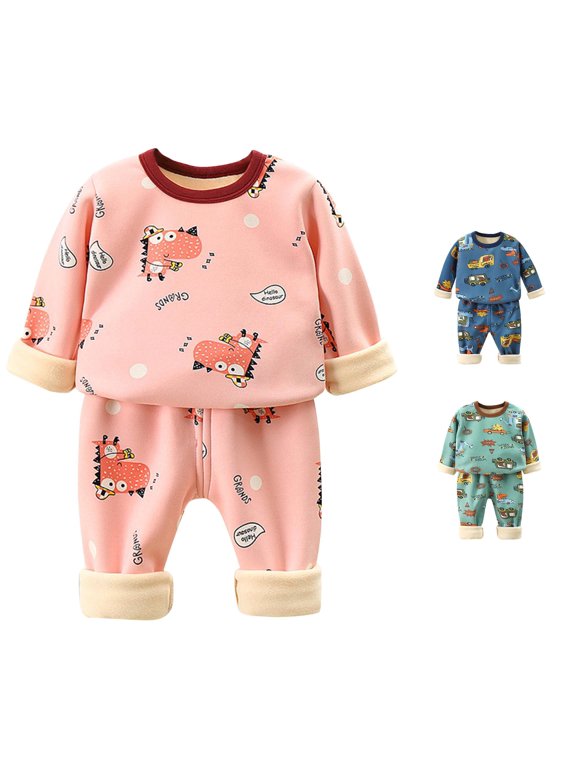 Girls Car Graphic Thermal Clothing Sets Long Sleeve 2 Piece Suit Crewneck Thic Top & Long Pants Lounge Wear Fall Winter Outfits