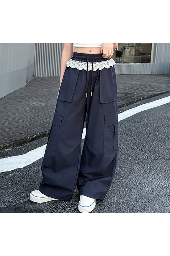 Girls Cargo Pants American Spice Girl Utility Style Ice Feel Thin Lace Edge Detail Cool Wide Leg Slacks Fashionable Kids Long Trousers