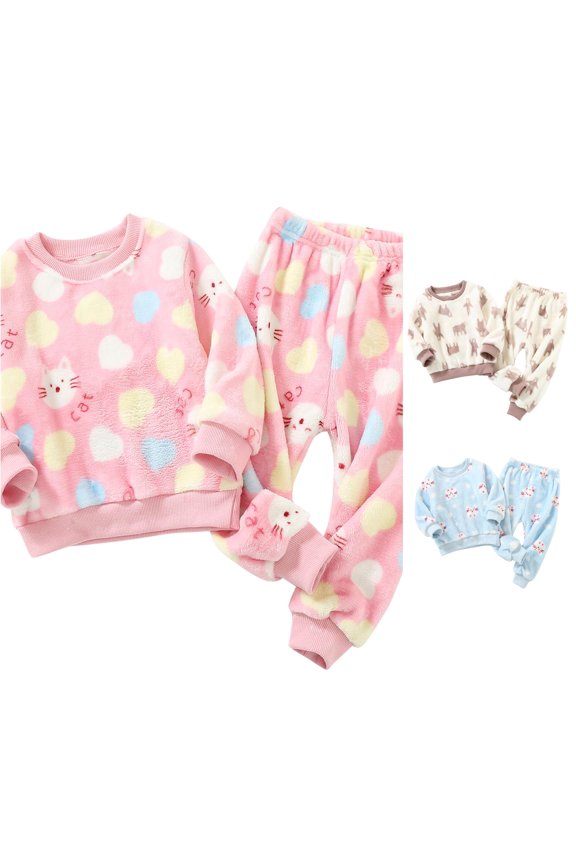 Girls Cartoon Fleece Lined Heavyweight Clothing Sets Long Sleeve 2 Piece Suit Crewneck Thic Top & Long Pants Lounge Winter Outfits
