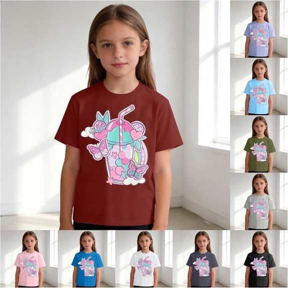 Trendfront Girls Cartoon Graphic Shirt Cute Character Print Summer Tee Crewneck Short Sleeve Casual Fashion T-Shirt Everyday Wear Playwear Tops