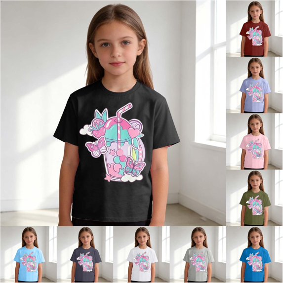 Trendfront Girls Cartoon Graphic Shirt Cute Character Print Summer Tee Crewneck Short Sleeve Casual Fashion T-Shirt Everyday Wear Playwear Tops