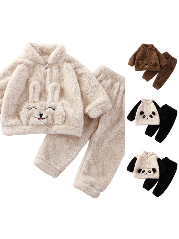 Girls Cartoon Panda Lined Clothing Sets Long Sleeve 2 Piece Suit Crewneck Thic Top & Long Pants Lounge Wear Fall Winter Outfits