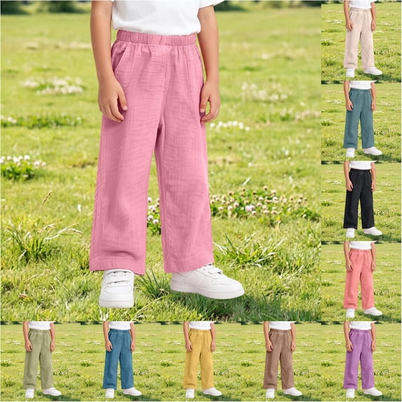 Trendfront Girls Casual Pants Summer Thin Lightweight Double Layer Gauze Home Wear Slacks Solid Color Soft Breathable Loose Fit Kids Long Trousers