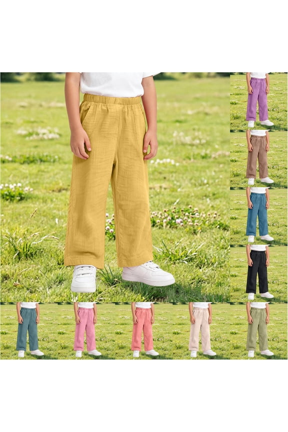 Girls Casual Pants Summer Thin Lightweight Double Layer Gauze Home Wear Slacks Solid Color Soft Breathable Loose Fit Kids Long Trousers