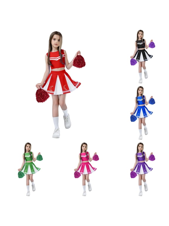Girls Cheerleader Graphic Print Outfit Set Crew Neck Sleeveless Top Summer 3 Piece Everyday Fashion Casual Kids Wear 2T-7T Clothes Set