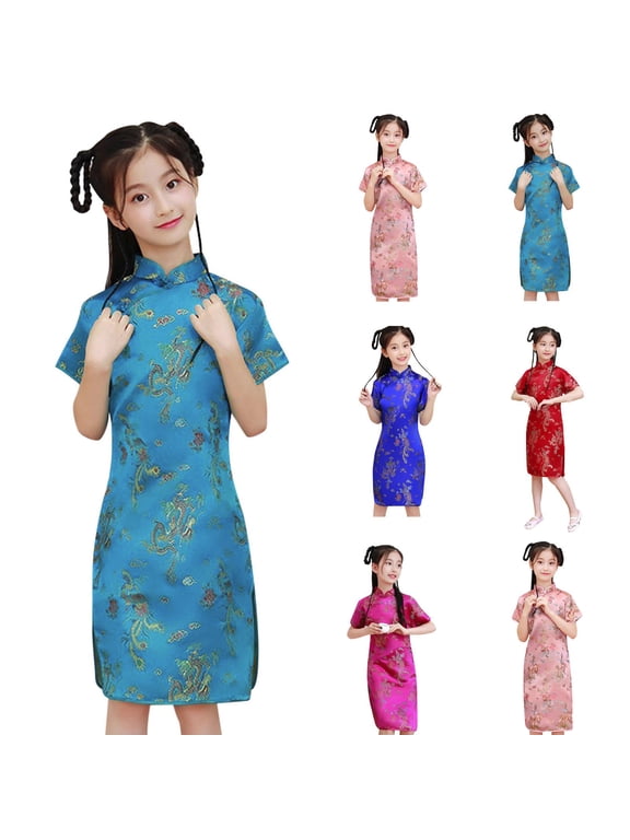 Girls Cheongsam Dress for Girls Short Sleeve Mandarin Collar Retro Traditional Summer Fall Qipao Princess Party One-Piece