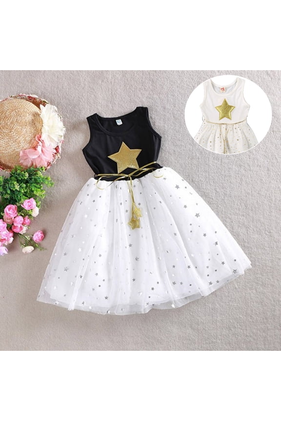 Girls Chiffon Dress for Girls Summer Five-Star Pattern Printed Crewneck Sleeveless Flowy Princess Birthday Party Gown