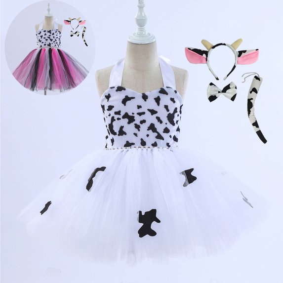 Trendfront Girls Cow Print Tutu Dress for Girls Crewneck Sleeveless Mesh Tulle Fluffy Ruffle Layered Princess Summer Outfits Set