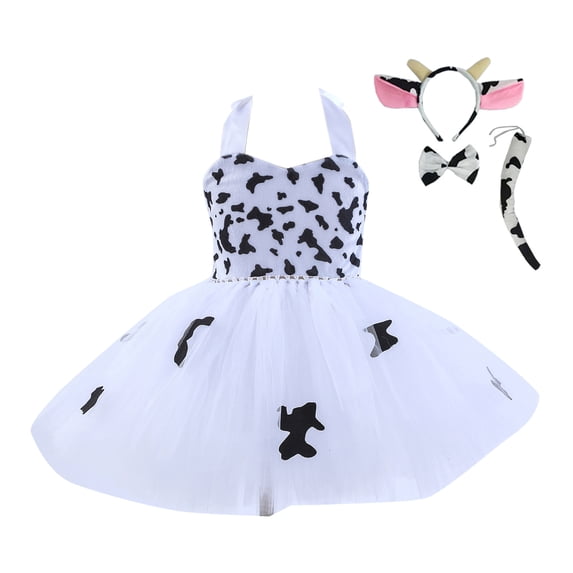 Trendfront Girls Cow Print Tutu Dress for Girls Crewneck Sleeveless Mesh Tulle Fluffy Ruffle Layered Princess Summer Outfits Set