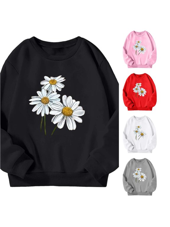 Girls Crewneck Pullover Sweatshirts Daisy Graphic Long Sleeve Casual Loose Fit Everyday Wear School Casual Tops