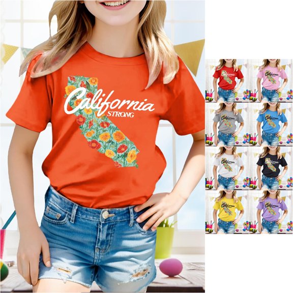 Trendfront Girls Crewneck Short Sleeve Shirt California Strong State Map Crewneck Tee Poppy Floral Graphic Kids Local Pride Top