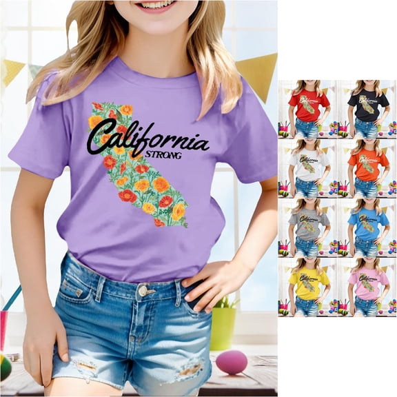 Trendfront Girls Crewneck Short Sleeve Shirt California Strong State Map Crewneck Tee Poppy Floral Graphic Kids Local Pride Top