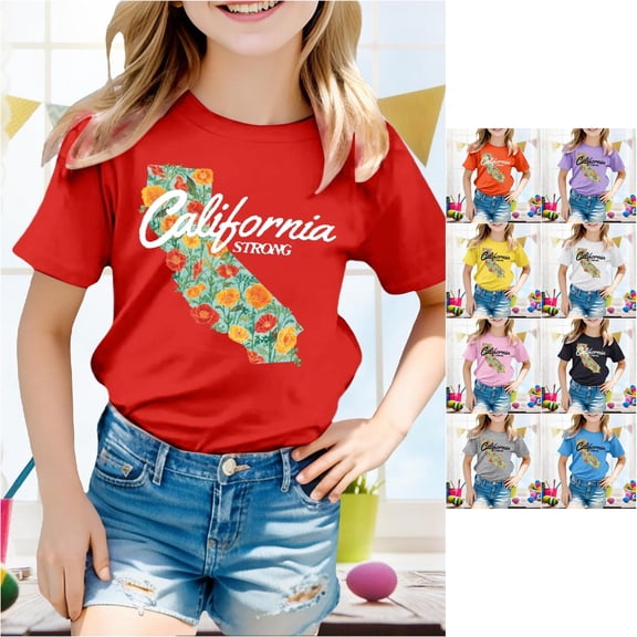 Trendfront Girls Crewneck Short Sleeve Shirt California Strong State Map Crewneck Tee Poppy Floral Graphic Kids Local Pride Top