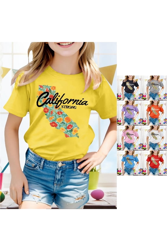 Girls Crewneck Short Sleeve Shirt California Strong State Map Crewneck Tee Poppy Floral Graphic Kids Local Pride Top