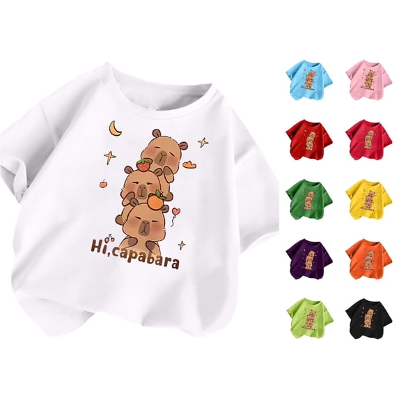 Trendfront Girls Cute Capybara Print Tee Crewneck Short Sleeve Animal Graphic Shirt Summer Relaxed Fit T-Shirt Casual Lifestyle Tops