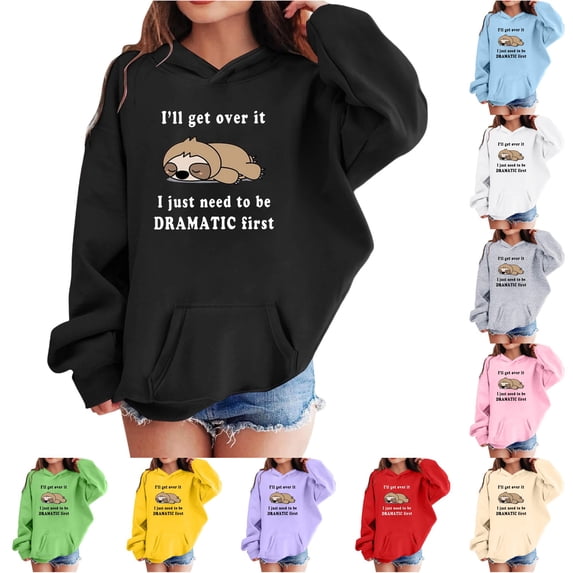 Trendfront Girls Cute Funny Cartoon Sloth Letter Graphic Hoodies Long Sleeve Kangaroo Pocket Fall Winter Casual Pullover Sweatshirt Tops