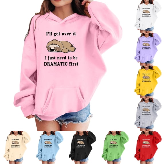 Trendfront Girls Cute Funny Cartoon Sloth Letter Graphic Hoodies Long Sleeve Kangaroo Pocket Fall Winter Casual Pullover Sweatshirt Tops