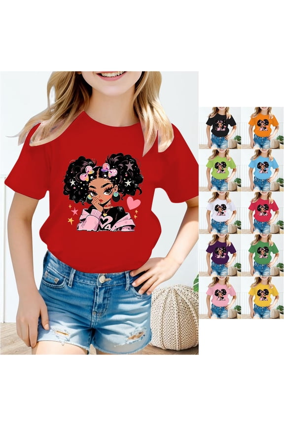 Girls Cute Girl Character Tee Crewneck Short Sleeve Cartoon Graphic Shirt Summer Relaxed Fit T-Shirt Playwear Fashion Style Tops