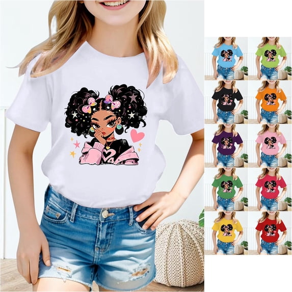 Trendfront Girls Cute Girl Character Tee Crewneck Short Sleeve Cartoon Graphic Shirt Summer Relaxed Fit T-Shirt Playwear Fashion Style Tops