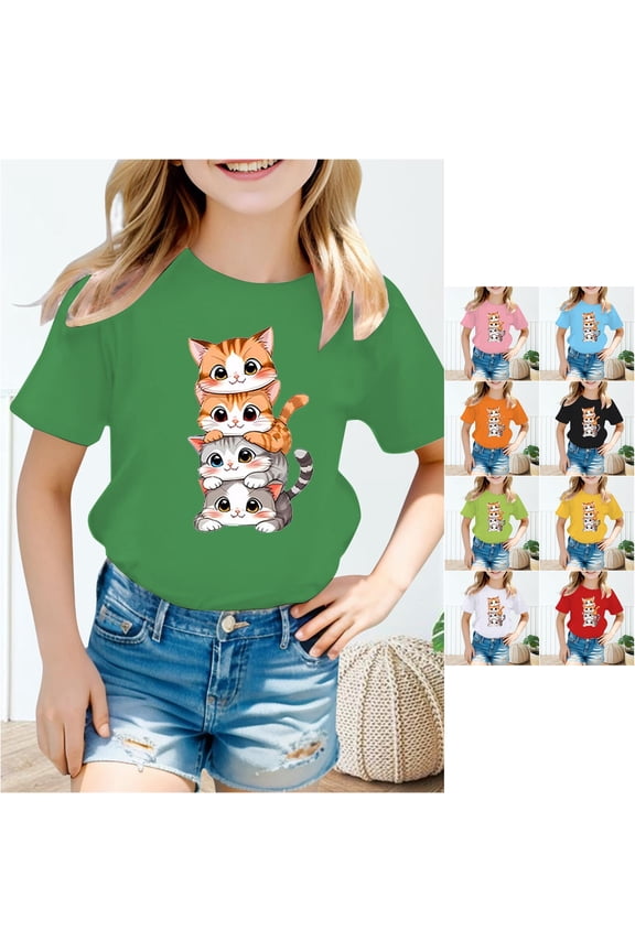 Girls Cute Kitty T-Shirt Crewneck Short Sleeve Cartoon Graphic Summer Base Layer Fashion Blouse Kitten Pullover Top