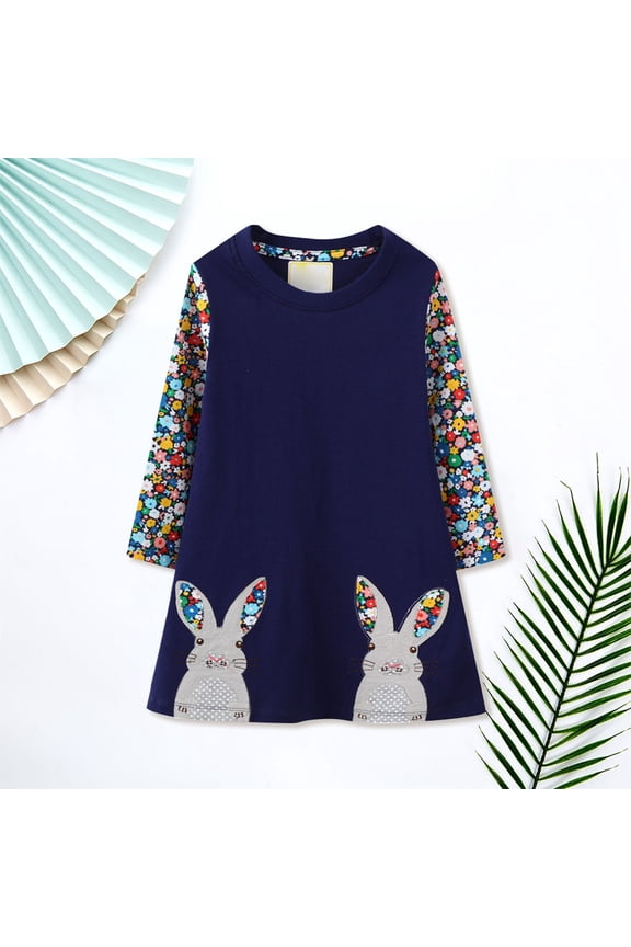 Girls Cute Rabbit Dress for Girls Crewneck Long Sleeve Cartoon Bunny Printed Casual A-Line Pullover Princess Dress Wear