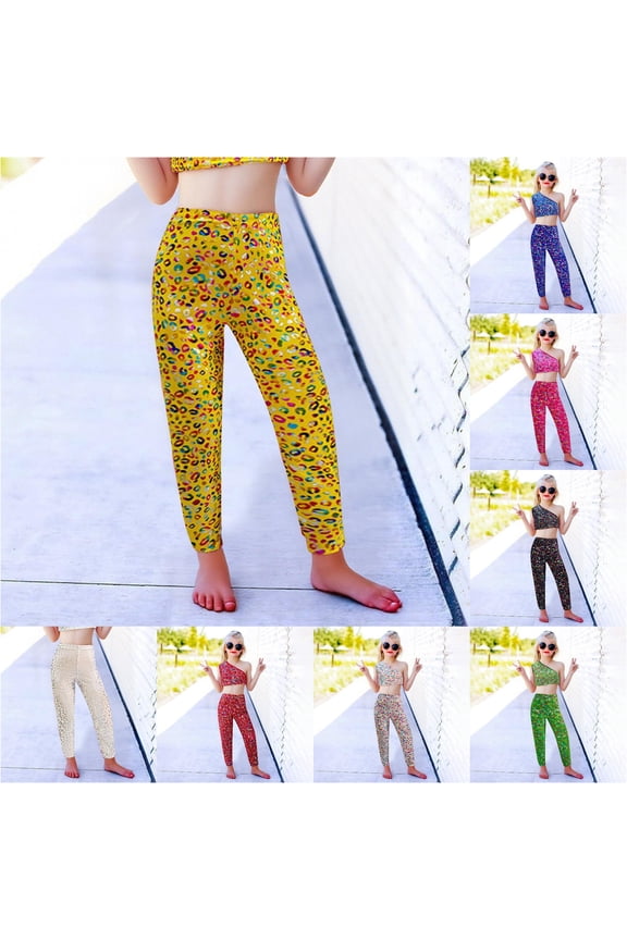 Girls Dance Leggings Fashion Laser Leopard Sequin Printed Gym Active Skinny Pants Practice Wear Tight High Stretchy Kids Casual Trousers Age 3-16Y
