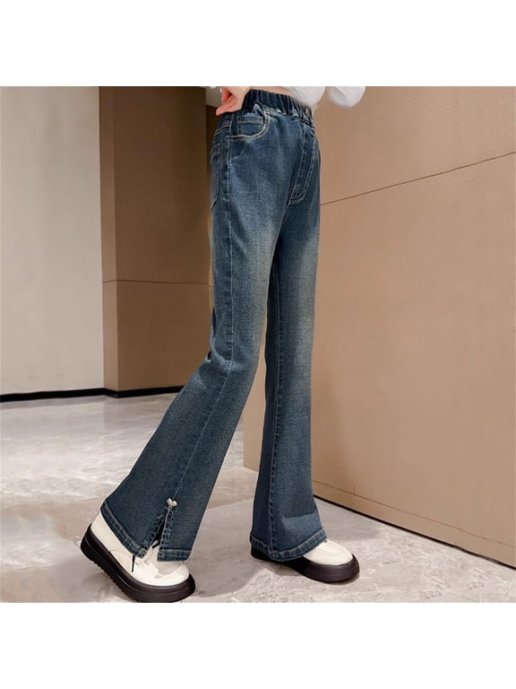 Girls Denim Flare Pants Micro Bell Bottom Hem Slit Style Charm Hanging Stretch Jeans Vintage Washed Distressed Multi Pockets Kids Trousers