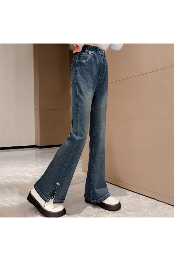 Girls Denim Flare Pants Micro Bell Bottom Hem Slit Style Charm Hanging Stretch Jeans Vintage Washed Distressed Multi Pockets Kids Trousers