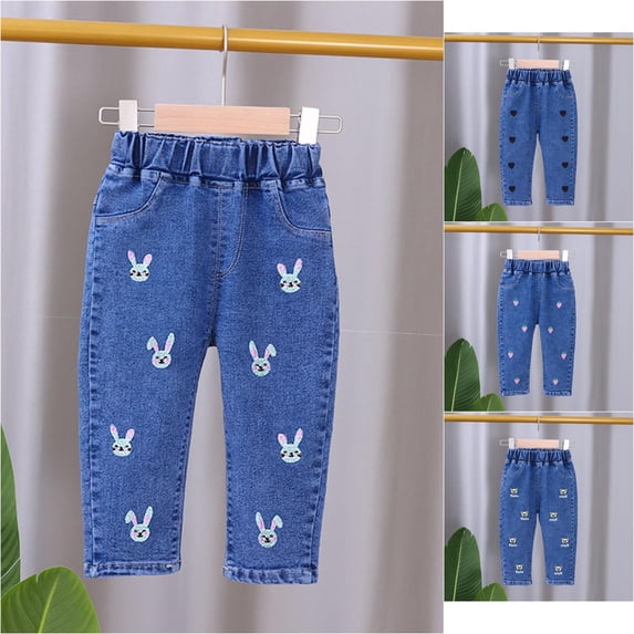 Trendfront Girls Denim Jeans 2026 Oversized Embroidered Washed Distressed Multi Pockets Embroidered Pants Fashionable Kids Wide Leg Trousers