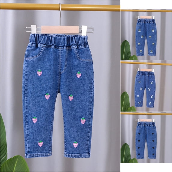 Trendfront Girls Denim Jeans 2026 Oversized Embroidered Washed Distressed Multi Pockets Embroidered Pants Fashionable Kids Wide Leg Trousers