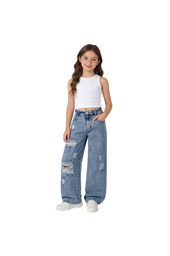 Girls Denim Jeans Ripped Distressed Fringed Tassel Details All Match Casual Pants Vintage Washed Multi Pockets Kids Long Trousers 7-12Y