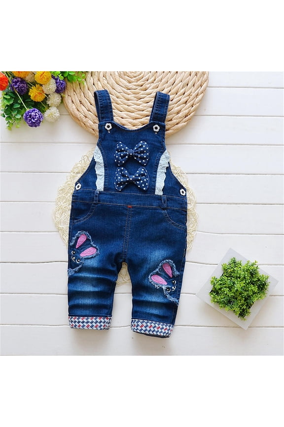 Girls Denim Overalls Cute Bunny Rabbit Graphic Design Washed Distressed Jumpsuit Pants Multi Pockets Playwear Kids Utility Trousers