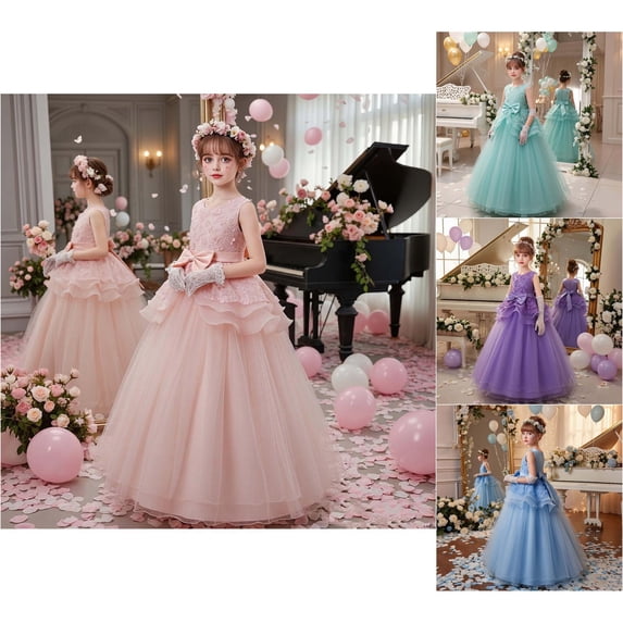 Trendfront Girls Dress Crew Neck Sleeveless Floral Bowknot Long Formal Princess Gown Birthday Party Evening Gown 5-16 Years
