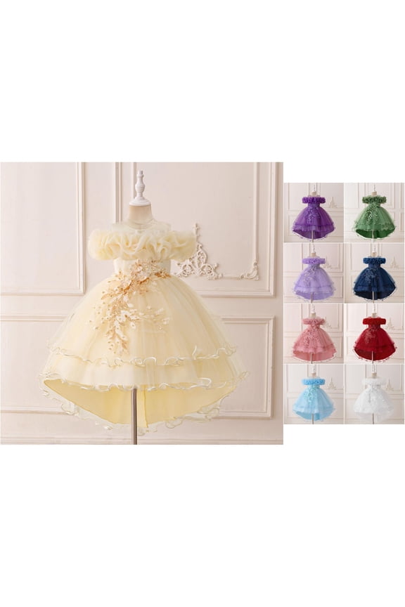 Girls Dress Formal Princess Style Sequin Puff Sleeve Satin Birthday Party Gown Cute Crew Neck Short Sleeve Baptism Outfit 0-12Y