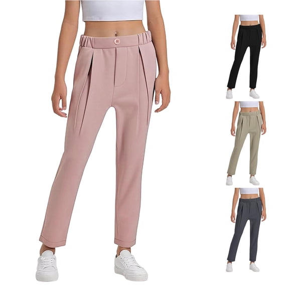 Trendfront Girls Dress Pants Elegant Solid Color Fashion Styled Pleated Slacks Comfortable Soft Performance Kids Formal Trousers Clothing Age 2-13Y