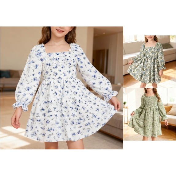 Trendfront Girls Dress Square Neck Lantern Sleeve Ruffled Lace A-Line Gown High Waist Flowy Party Dress for Kids 3-14Y