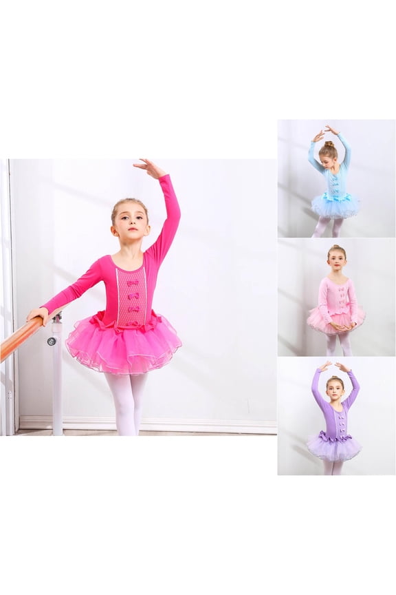 Girls Dress Square Neck Long Sleeve Solid Color Ballet Dance Performance Practice Leotard Fluffy Princess Gown 2-13Y