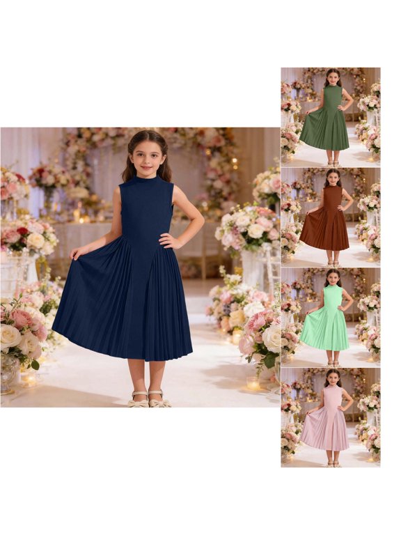 Girls Dress Stand Collar Sleeveless Pleated Patchwork Casual Summer Party Princess Gown 7-12 Years