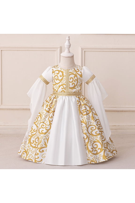 Girls Evening Gown Ball Gown Long Sleeve Crewneck Flared Sleeve Braided Ribbon Trim Scroll Totem Pattern Party Wear