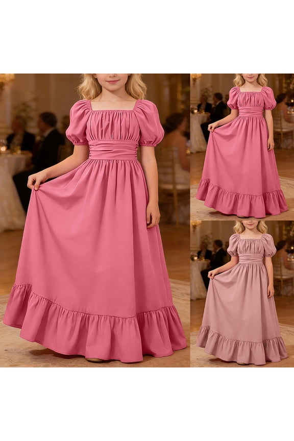 Girls Evening Gown Maxi Short Sleeve Square Neck High Smocked Waist Ruched Trim Ruffle Accent Flowy Elegant Holiday Outfits