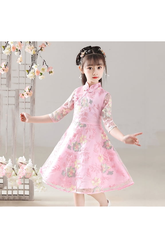 Girls Evening Gown Party Dress Mid Length 3/4 Sleeve Collared Floral Pattern Embroidery Motif Ruffle Trim Elegant