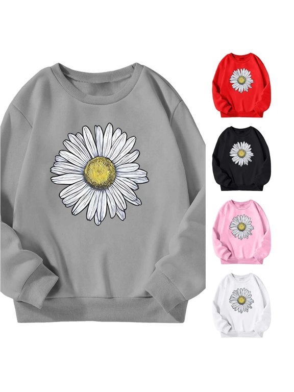 Girls Fall Winter Crewneck Sweatshirts Daisy Graphic Long Sleeve Loose Fit Casual Pullover Daily Wear Tops